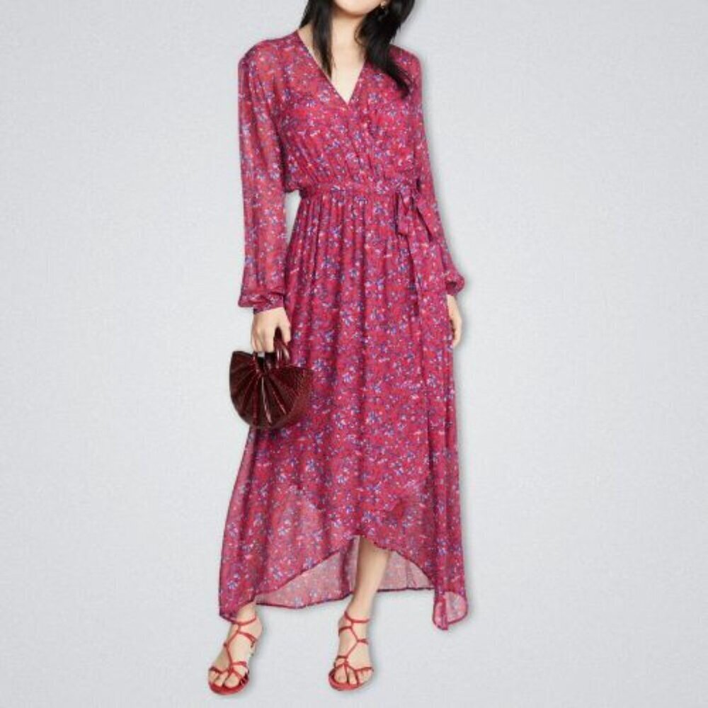 Custommade Leslie Wrap Maxi Dress Flowy Sheer Chiffon Floral Print Red W Small